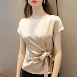 Black White Red Office Lady Chiffon Shirts New Korean Satin Silk Lace Up Shirts Women Vintage Boat Neck Acetate Satin Blouse