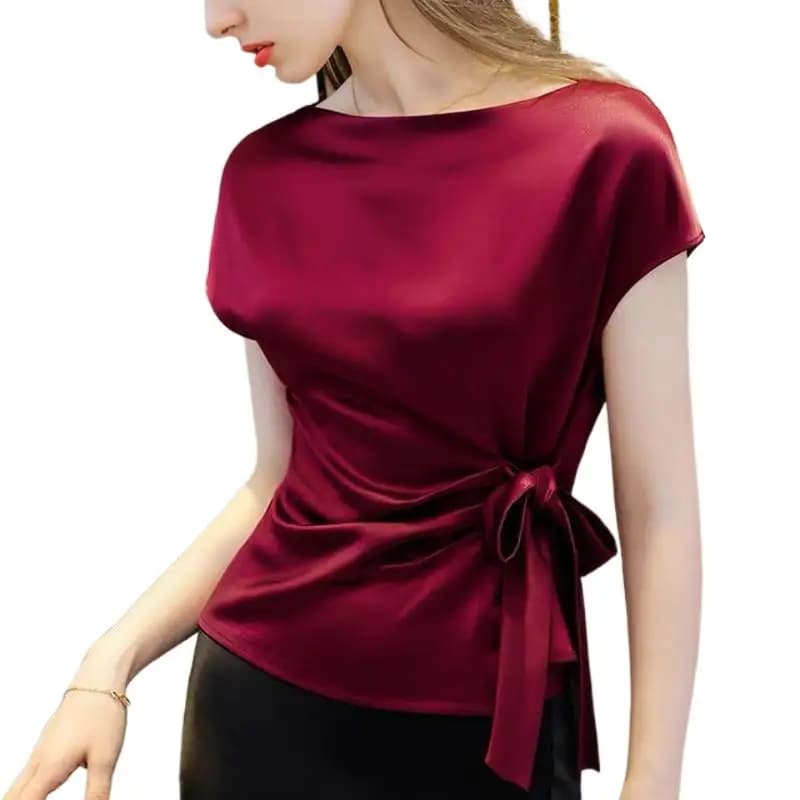 Black White Red Office Lady Chiffon Shirts New Korean Satin Silk Lace Up Shirts Women Vintage Boat Neck Acetate Satin Blouse