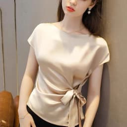 Black White Red Office Lady Chiffon Shirts New Korean Satin Silk Lace Up Shirts Women Vintage Boat Neck Acetate Satin Blouse