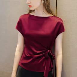 Black White Red Office Lady Chiffon Shirts New Korean Satin Silk Lace Up Shirts Women Vintage Boat Neck Acetate Satin Blouse