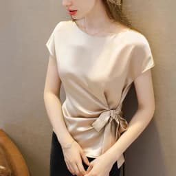 Black White Red Office Lady Chiffon Shirts New Korean Satin Silk Lace Up Shirts Women Vintage Boat Neck Acetate Satin Blouse