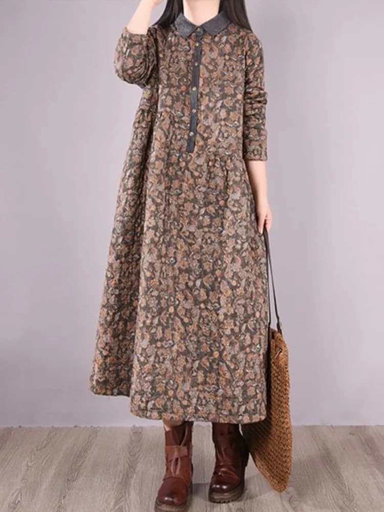 Women Casual Dress New 2022 Autumn Vintage Style Turn-down Collar Print Loose Comfortable Female A-line Long Dresses D461