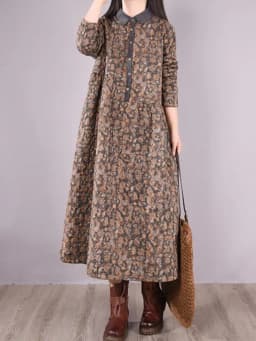 Women Casual Dress New 2022 Autumn Vintage Style Turn-down Collar Print Loose Comfortable Female A-line Long Dresses D461