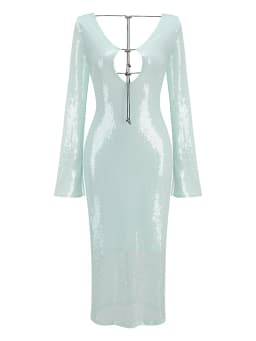 BEVENCCEL Sexy Luxury Sequins Deep V Long Sleeve Backless Sequins Long Dress Elegant Bodycon Maxi Evening Party Clubwear Dress