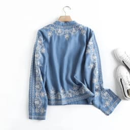 Long Sleeve Denim Shirt Women's Spring Summer Soft Jeans Stand Collar Floral Embroidery Blouses Thin Coat Tops New 2023 T35430M