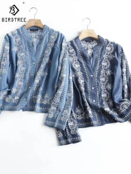 Long Sleeve Denim Shirt Women's Spring Summer Soft Jeans Stand Collar Floral Embroidery Blouses Thin Coat Tops New 2023 T35430M