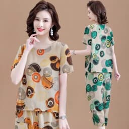 New Short-Sleeved T-Shirt for Summer Sets Mother's Cotton Linen Suit Two-piece Suit For Mid-Elderly Women's Coat And Pants 2PCS
