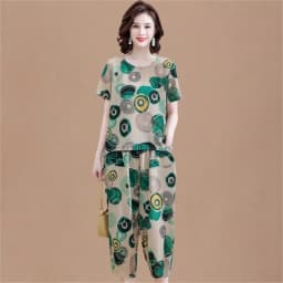 New Short-Sleeved T-Shirt for Summer Sets Mother's Cotton Linen Suit Two-piece Suit For Mid-Elderly Women's Coat And Pants 2PCS