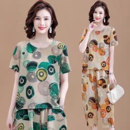 New Short-Sleeved T-Shirt for Summer Sets Mother's Cotton Linen Suit Two-piece Suit For Mid-Elderly Women's Coat And Pants 2PCS