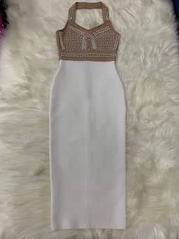 Top Quality High Street White Black Sexy Off Shoulder Sleeveless Beading Shining Knee Length Bandage Dress 2021 Celebrity Party