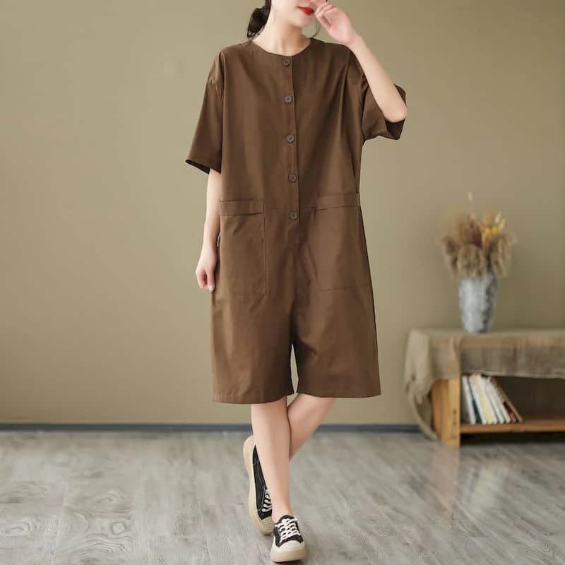 Solid Jumpsuits Summer Loose Pants Wide Leg Shorts Bodysuits Women Korean Style Half Sleeve One Piece Outfits Women Clothing