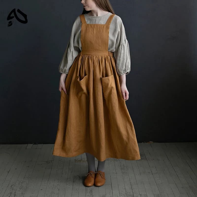 Vintage Cotton Linen Woman Dress Square Collar Back Cross French Style Medieval Dress