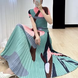 Miyake Temperament High-end Set For Women 2023 New High-end Printed Short Sleeved Top+Half Skirt Pleated Women Two Peice Sets
