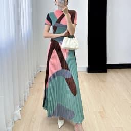 Miyake Temperament High-end Set For Women 2023 New High-end Printed Short Sleeved Top+Half Skirt Pleated Women Two Peice Sets