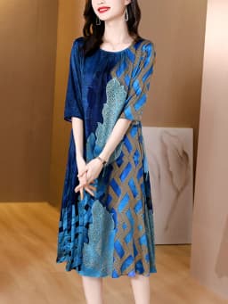 2024 Blue Print Natural Silk Midi Dress Summer New Elegant Loose Waist Plus Size Dress Women Korean Vintage Casaul Party Dress
