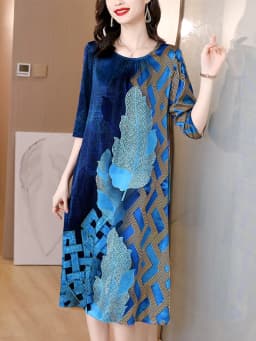 2024 Blue Print Natural Silk Midi Dress Summer New Elegant Loose Waist Plus Size Dress Women Korean Vintage Casaul Party Dress