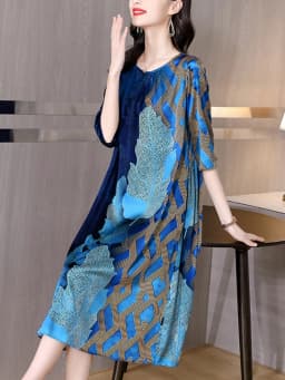 2024 Blue Print Natural Silk Midi Dress Summer New Elegant Loose Waist Plus Size Dress Women Korean Vintage Casaul Party Dress