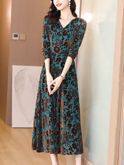 2024 Green Print Long Sleeve V-Neck Midi Dress Women Luxury Elegant Party Night Dress Autumn Winter Korean Vintage Casual Dress