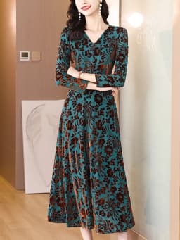 2024 Green Print Long Sleeve V-Neck Midi Dress Women Luxury Elegant Party Night Dress Autumn Winter Korean Vintage Casual Dress