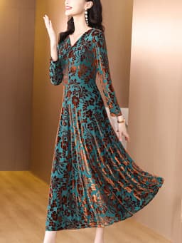 2024 Green Print Long Sleeve V-Neck Midi Dress Women Luxury Elegant Party Night Dress Autumn Winter Korean Vintage Casual Dress