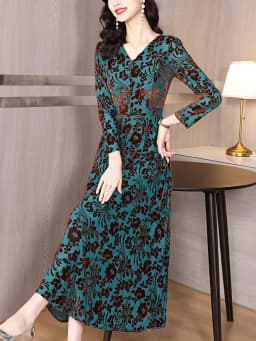 2024 Green Print Long Sleeve V-Neck Midi Dress Women Luxury Elegant Party Night Dress Autumn Winter Korean Vintage Casual Dress