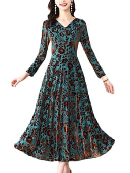 2024 Green Print Long Sleeve V-Neck Midi Dress Women Luxury Elegant Party Night Dress Autumn Winter Korean Vintage Casual Dress