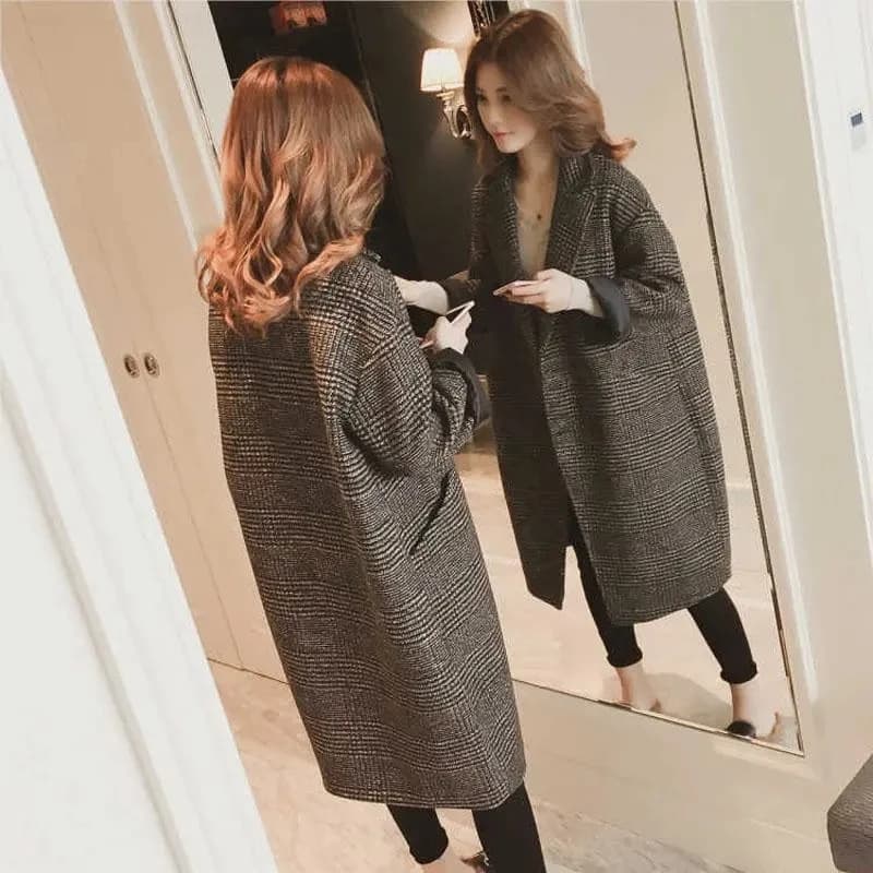 WOMEN WOMEN'S WOOL COAT 2025 Autumn/Winter New Korean Fashion Loose Fit Mid length Thousand Bird Plaid Pattern WOMEN'S COAT COAT