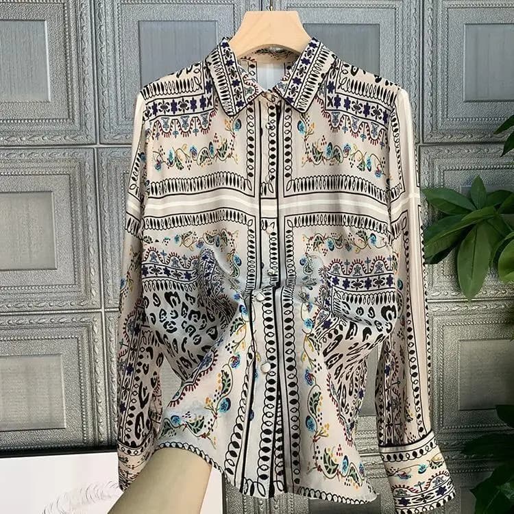 High Quality Printed Silk Lapel Shirt Women's New Slim Fit Top Mulberry Silk Long Sleeved Women's Shirt Blusas Mujer Retro Y2k