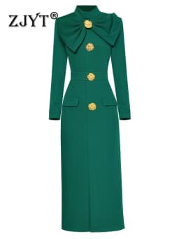 ZJYT Runway Autumn Midi Dresses for Women 2025 Elegant Black Green Vestidos Long Sleeve Straight Party Robe Femme Plus Size XXL