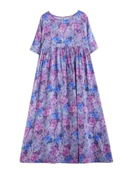 Cotton Short Sleeve Purple Print Vintage Long Dresses For Women 2026 Summer Casual Loose Dress Femme Vestidos Elegant Clothing