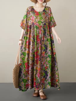 Cotton Short Sleeve Purple Print Vintage Long Dresses For Women 2026 Summer Casual Loose Dress Femme Vestidos Elegant Clothing