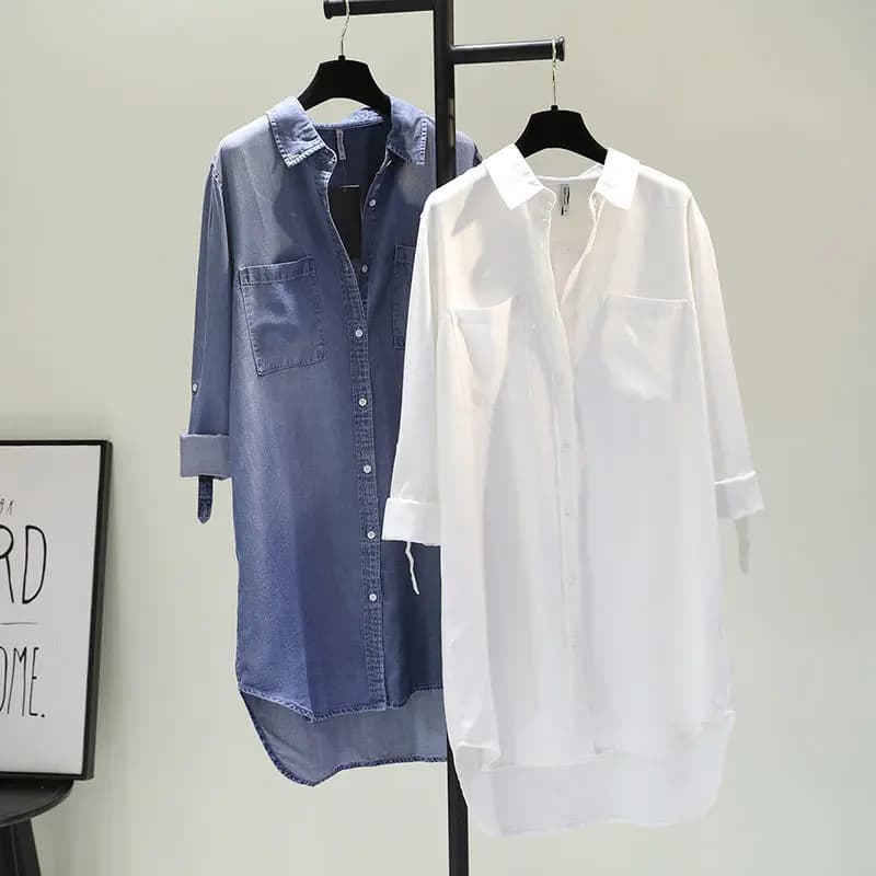 Fashion Women's Clothing Shirt Medium Long Containing Cotton Shirt Loose Fit Long Sleeve Double Pocket Rolled Sleeve Thin Blouse