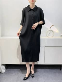 YUDX Miyake Pleated Dress Women's Loose Plus Size Single Breasted Mid Length Bat Sleeve Summer Solid Color Casual Maix Dress