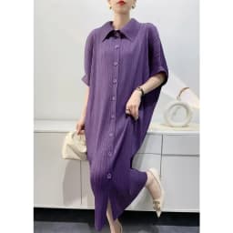 YUDX Miyake Pleated Dress Women's Loose Plus Size Single Breasted Mid Length Bat Sleeve Summer Solid Color Casual Maix Dress
