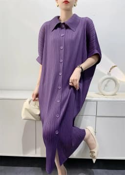 YUDX Miyake Pleated Dress Women's Loose Plus Size Single Breasted Mid Length Bat Sleeve Summer Solid Color Casual Maix Dress