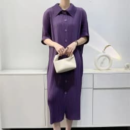 YUDX Miyake Pleated Dress Women's Loose Plus Size Single Breasted Mid Length Bat Sleeve Summer Solid Color Casual Maix Dress