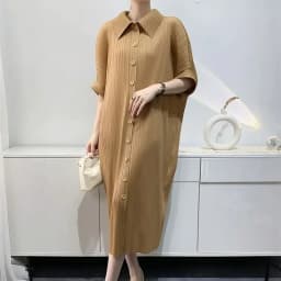 YUDX Miyake Pleated Dress Women's Loose Plus Size Single Breasted Mid Length Bat Sleeve Summer Solid Color Casual Maix Dress