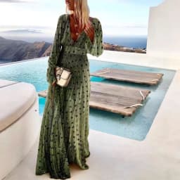 Green Gradient Mottled Print Maxi Dress for Women Long Sleeve V-neck Long Dress Elegant Party Temperament Evening Gown Vestidos