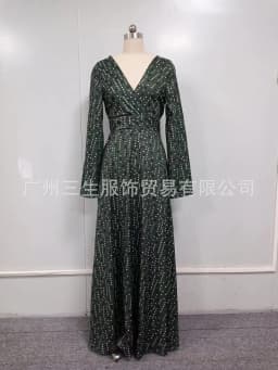 Green Gradient Mottled Print Maxi Dress for Women Long Sleeve V-neck Long Dress Elegant Party Temperament Evening Gown Vestidos