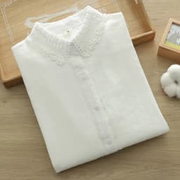 New Spring Cotton Sweet Long Sleeve Shirt Women Lapel Lace Top Girl Loose Retro White Casual Blouses 2024 Summer T44848QM