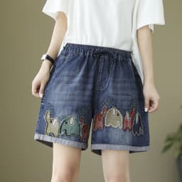 Ethnic Embroidery Denim y2k Shorts Women Summer Japan Fashion Elastic Waist Five-pointed Star Appliques Jean Shorts