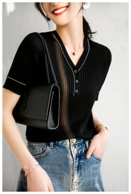 Women New 100% Cotton Short-sleeved T-shirt Sweater V-neck Contrasting Colors Pullover Tees Summer Knitted Bottoming Tops