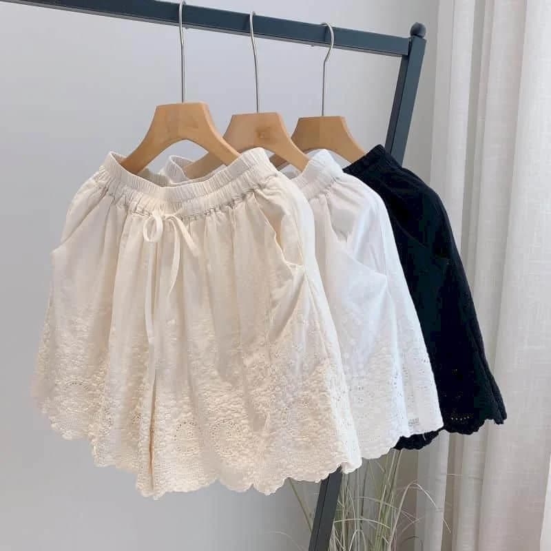 Solid Shorts for Women Summer Casual Straight Short Pants Embroidered Korean Style Elastic Waist Wide Leg Trousers Women Clothes