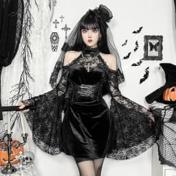 2024 New Retro Gothic Women Punk Elegant Evening Party Dresses Vintage Sexy Slightly See-through Slim Fit Lace Splicing Dress
