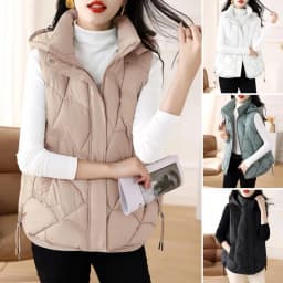 Fall Winter Vest Coat Stylish Women's Cotton Vest with Stand Collar Hooded Sleeveless Design Loose Fit Solid Color for Women