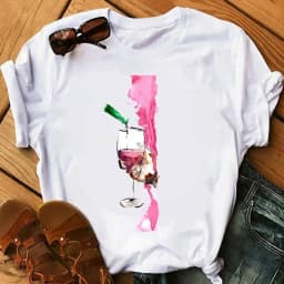 100% COTTON Women's Top Women's High Heels Wine Glass White Print Large Size Summer T-shirt Graphic T Shirts Oversized Tshirt