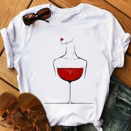 100% COTTON Women's Top Women's High Heels Wine Glass White Print Large Size Summer T-shirt Graphic T Shirts Oversized Tshirt