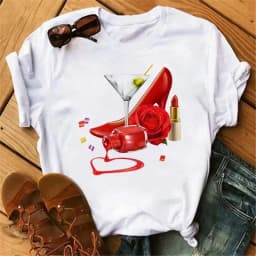 100% COTTON Women's Top Women's High Heels Wine Glass White Print Large Size Summer T-shirt Graphic T Shirts Oversized Tshirt