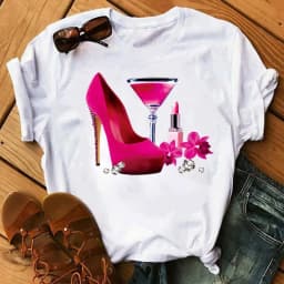 100% COTTON Women's Top Women's High Heels Wine Glass White Print Large Size Summer T-shirt Graphic T Shirts Oversized Tshirt