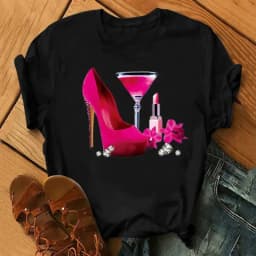 100% COTTON Women's Top Women's High Heels Wine Glass White Print Large Size Summer T-shirt Graphic T Shirts Oversized Tshirt